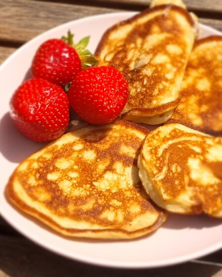 a plate of pancakes and strawberries