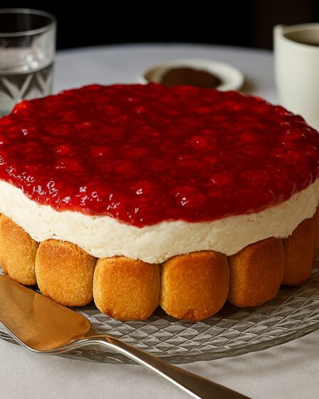 przepis na ciasto Ambasador, jak zrobić ciasto Ambasador, Ambasador ciasto krok po kroku, kremowe ciasto z galaretką, ciasto z biszkoptami i owocami, ciasto z budyniem i galaretką, ciasto na specjalne okazje, deser z brzoskwiniami i truskawkami, ciasto warstwowe z kremem, ciasto Ambasador z wódką